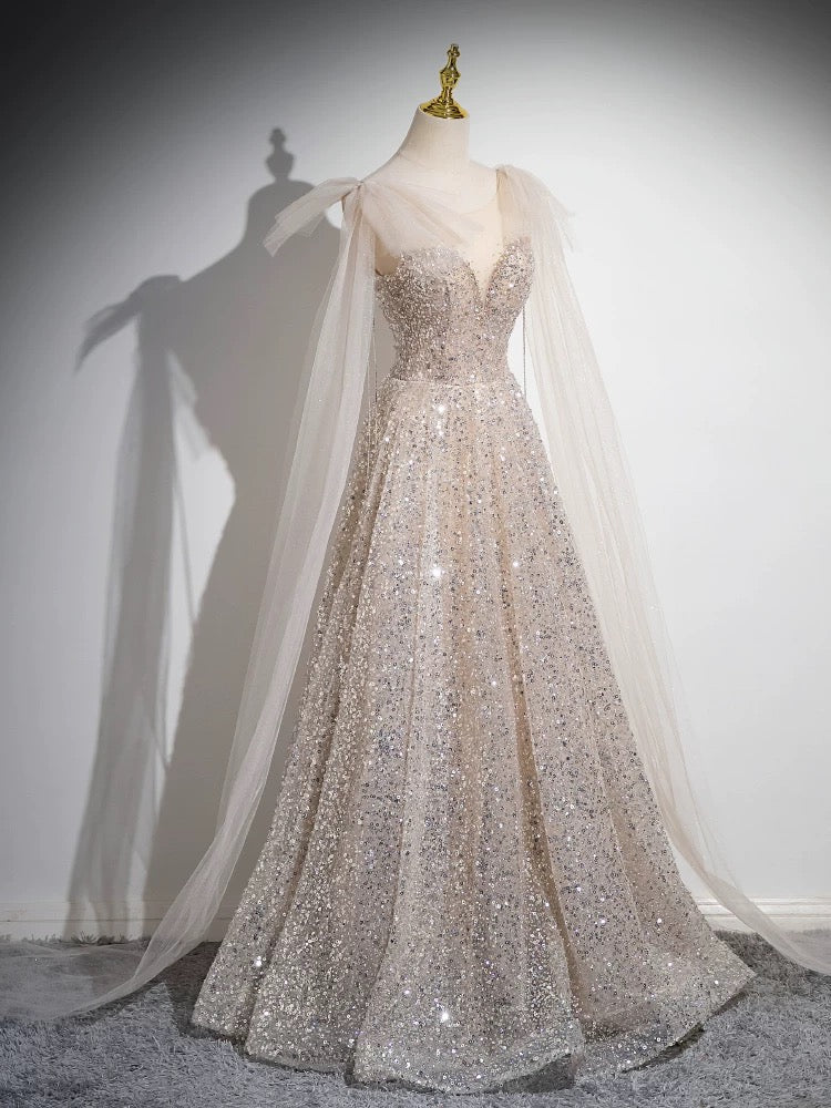 A-Line Scoop Neckline Tulle Champagne Long Formal Prom Dresses, Champagne Sequin Prom Dresses