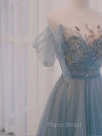 A-Line Scoop Neckline Tulle Gray Blue Long Formal Prom Dresses with Sequin