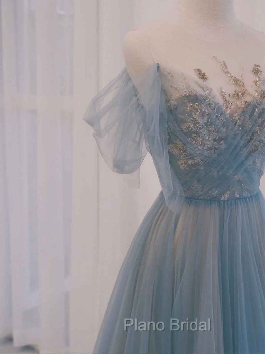 A-Line Scoop Neckline Tulle Gray Blue Long Formal Prom Dresses with Sequin