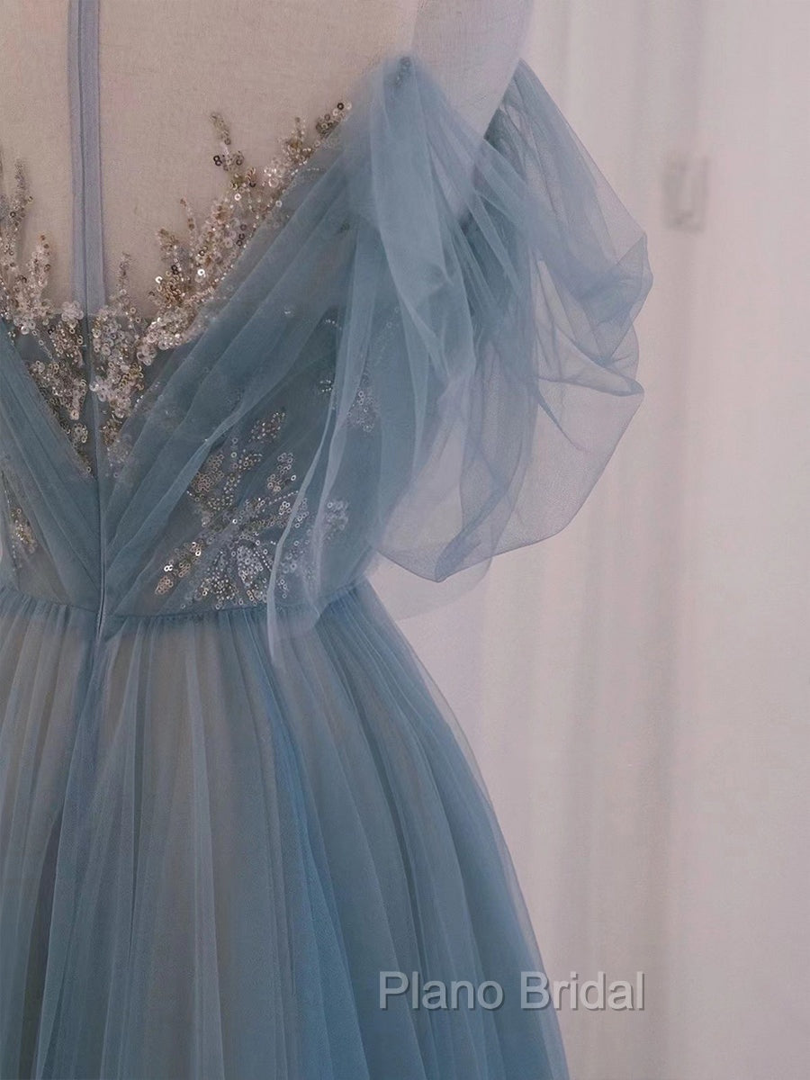 A-Line Scoop Neckline Tulle Gray Blue Long Formal Prom Dresses with Sequin