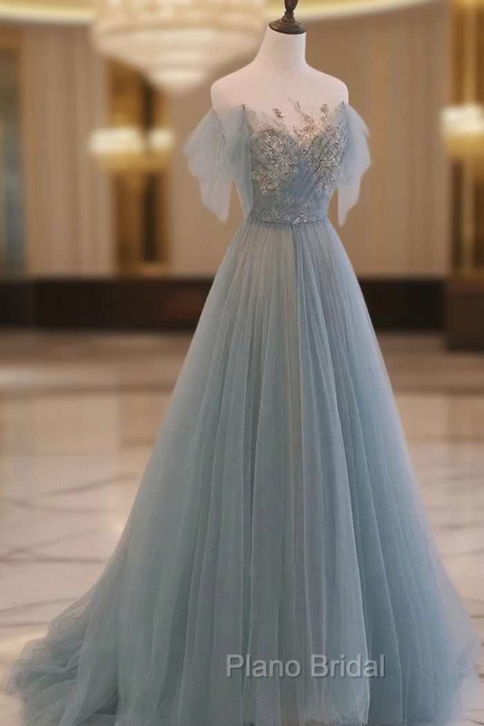 A-Line Scoop Neckline Tulle Gray Blue Long Formal Prom Dresses with Sequin Main image