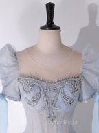 A-Line Scoop Neckline Tulle Light Blue Long Formal Prom Dresses with Beads