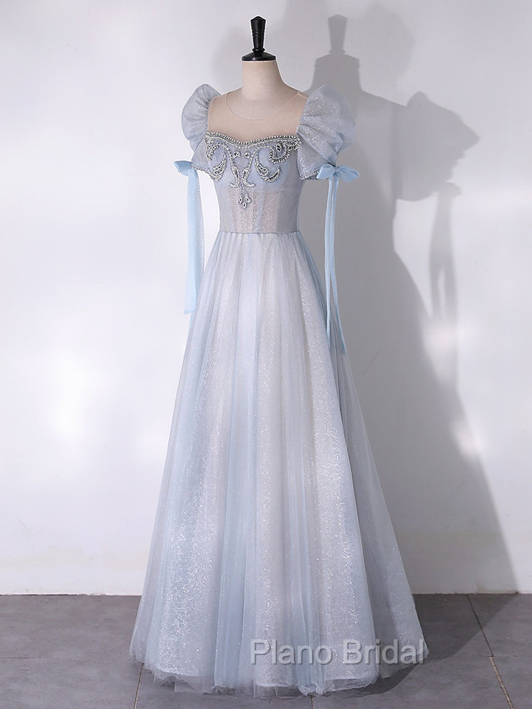 A-Line Scoop Neckline Tulle Light Blue Long Formal Prom Dresses with Beads
