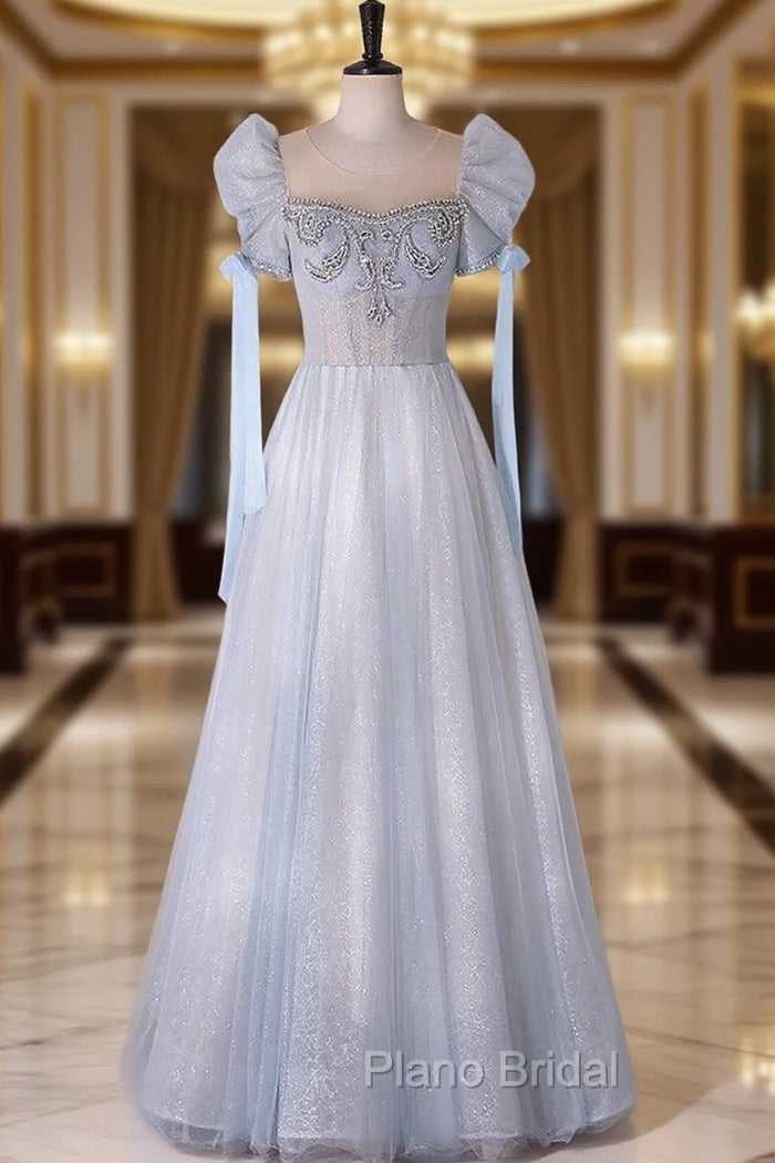 A-Line Scoop Neckline Tulle Light Blue Long Formal Prom Dresses with Beads