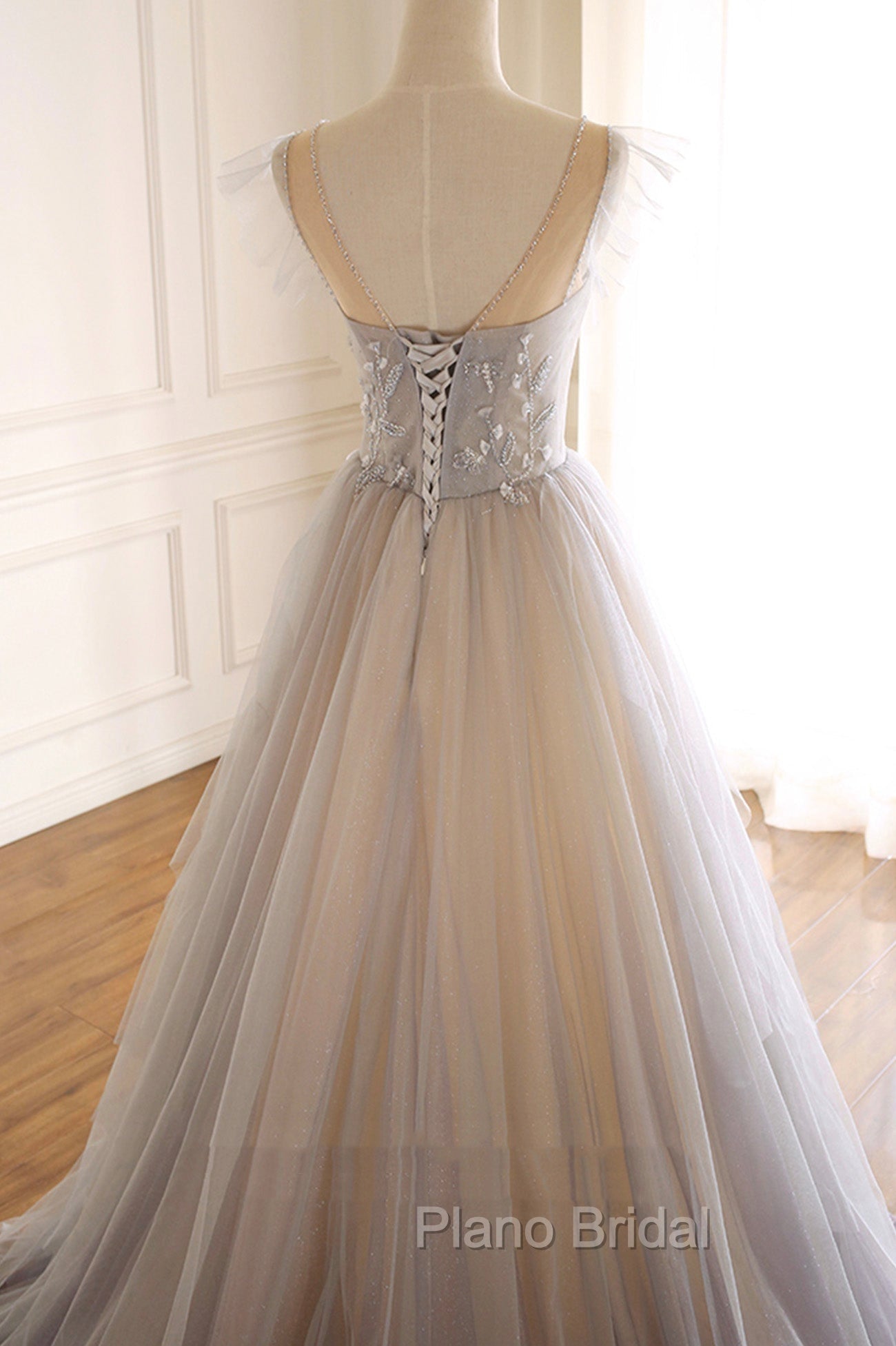 A-Line Scoop Neckline Tulle Long Formal Prom Dresses with Beaded, Evening Party Dresses