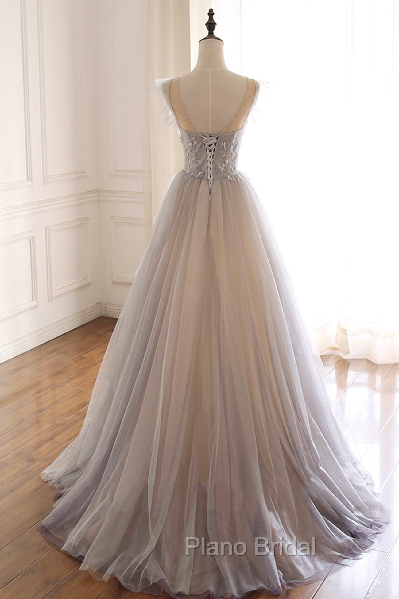 A-Line Scoop Neckline Tulle Long Formal Prom Dresses with Beaded, Evening Party Dresses