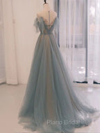 A-Line Scoop Neckline Tulle Long Formal Prom Dresses with Sequin