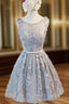 A-Line Scoop Sleeveless Short Silver Lace Homecoming Dresses with Appliques