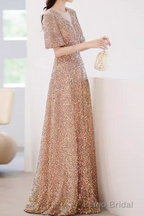 A line Sequin Gold Party Dress Long Prom Dress