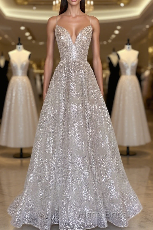 A line sequin long Formal Prom dress, Champagne sequin evening dress Main image