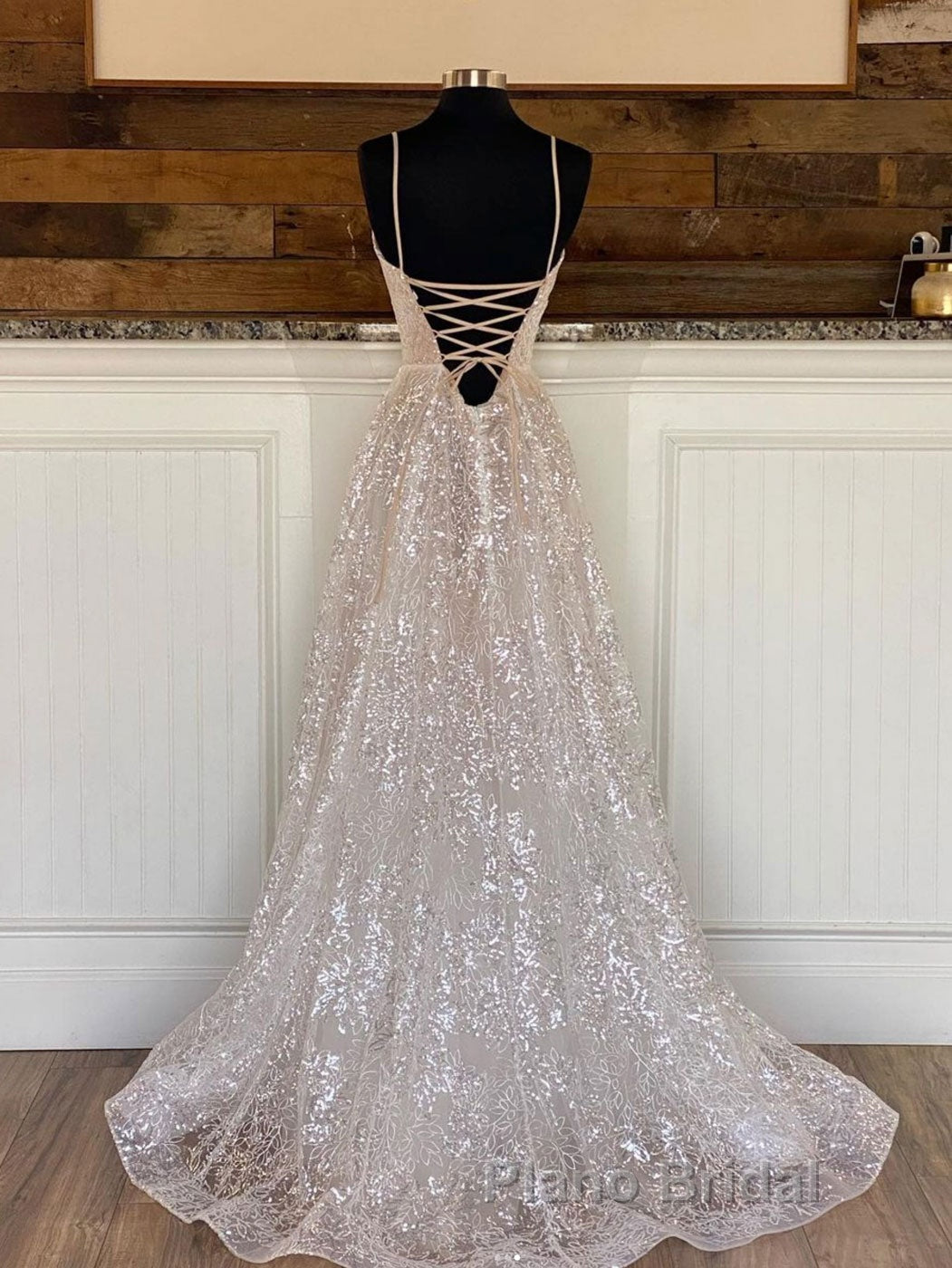 A line sequin long Formal Prom dress, Champagne sequin evening dress Secondary image