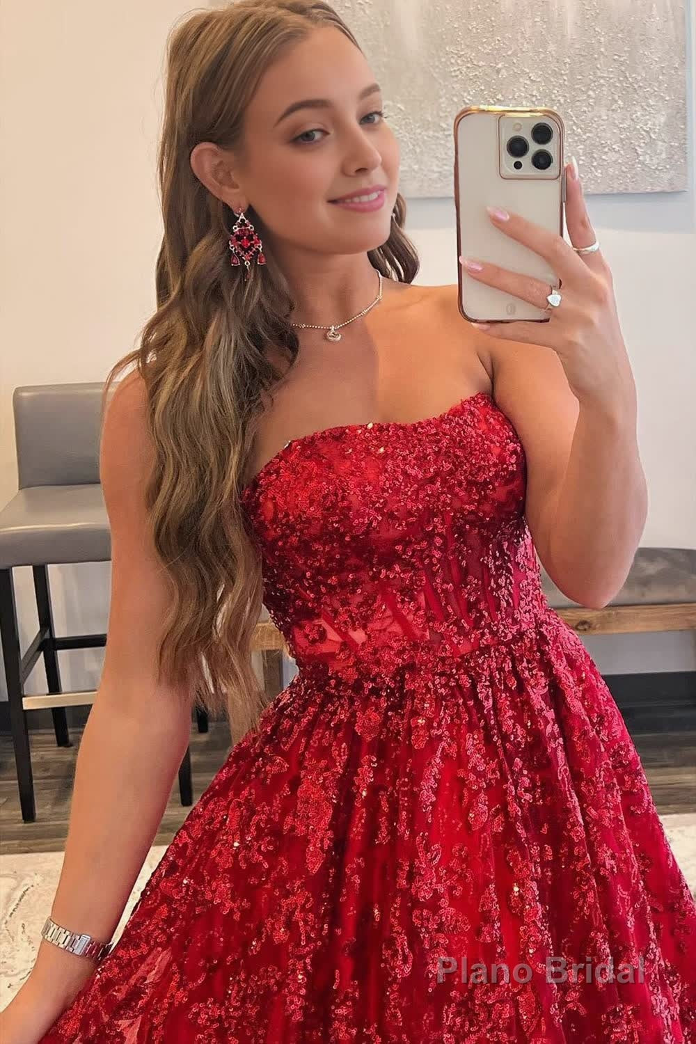 A-line Sequined Lace Long Prom Dress with Pockets