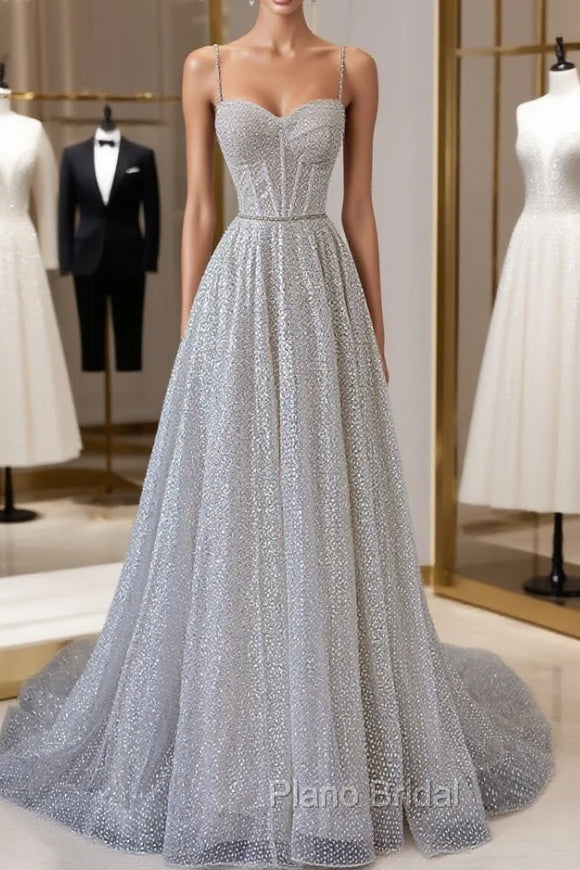 A-Line Sequins Long Formal Prom Dresses, Spaghetti Strap and Corset Evening Dresses Main image