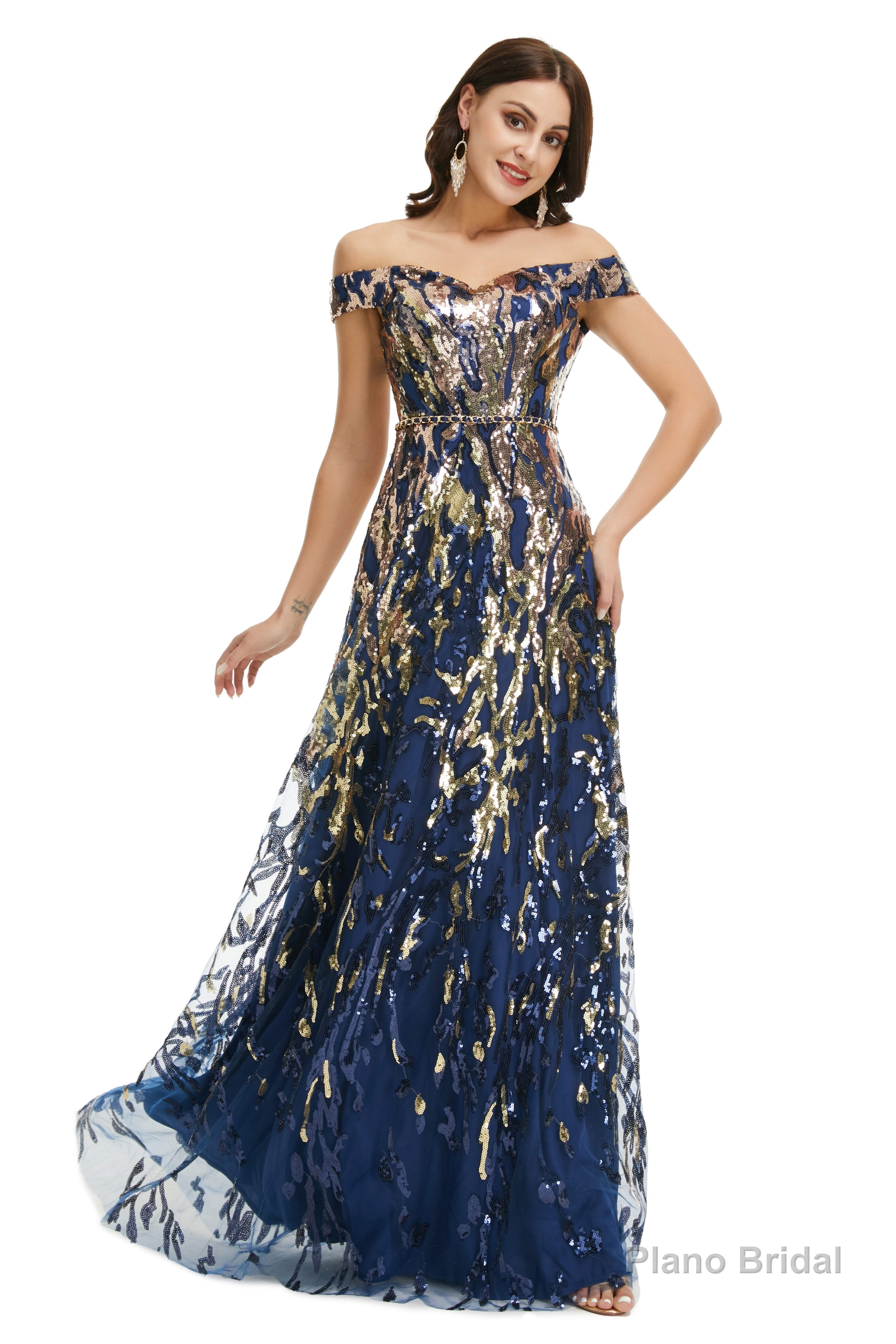 A Line Sequins Off the Shoulder Long Prom Dresses