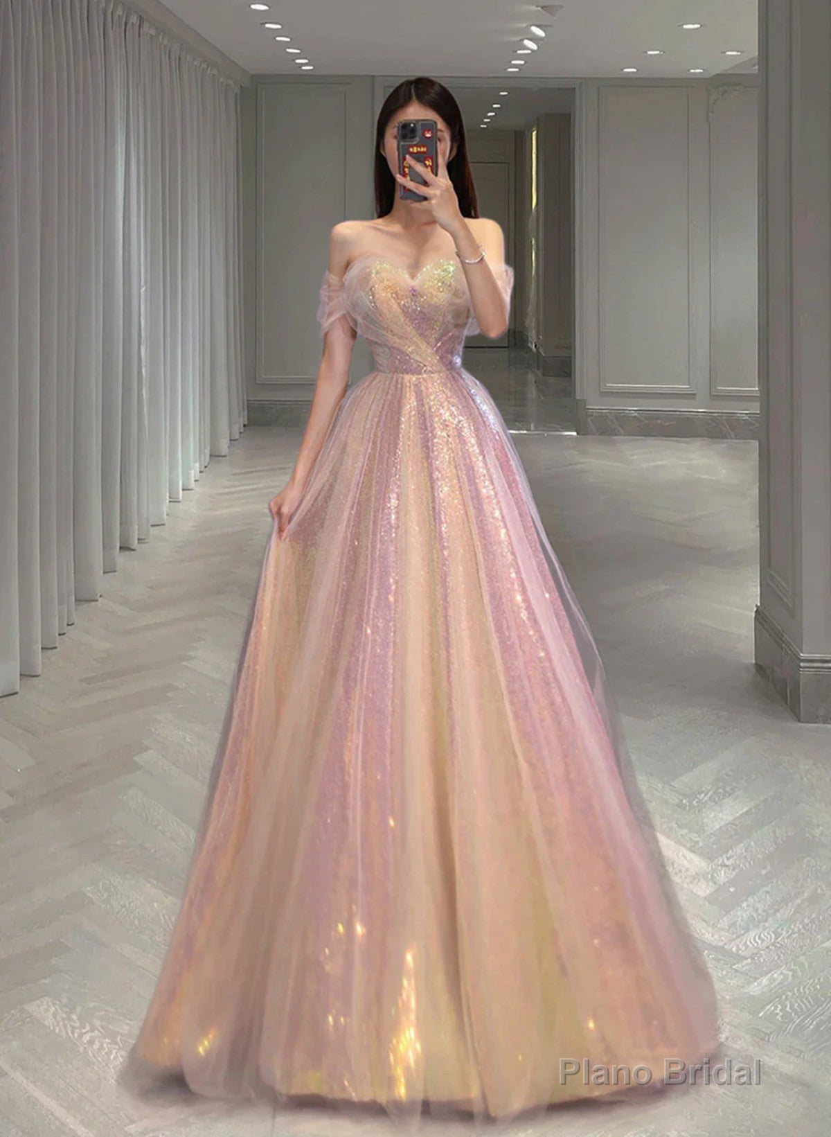 A-line Sequins Pink Sweetheart Long Formal Dress, Pink Sequins Prom Dress Main image