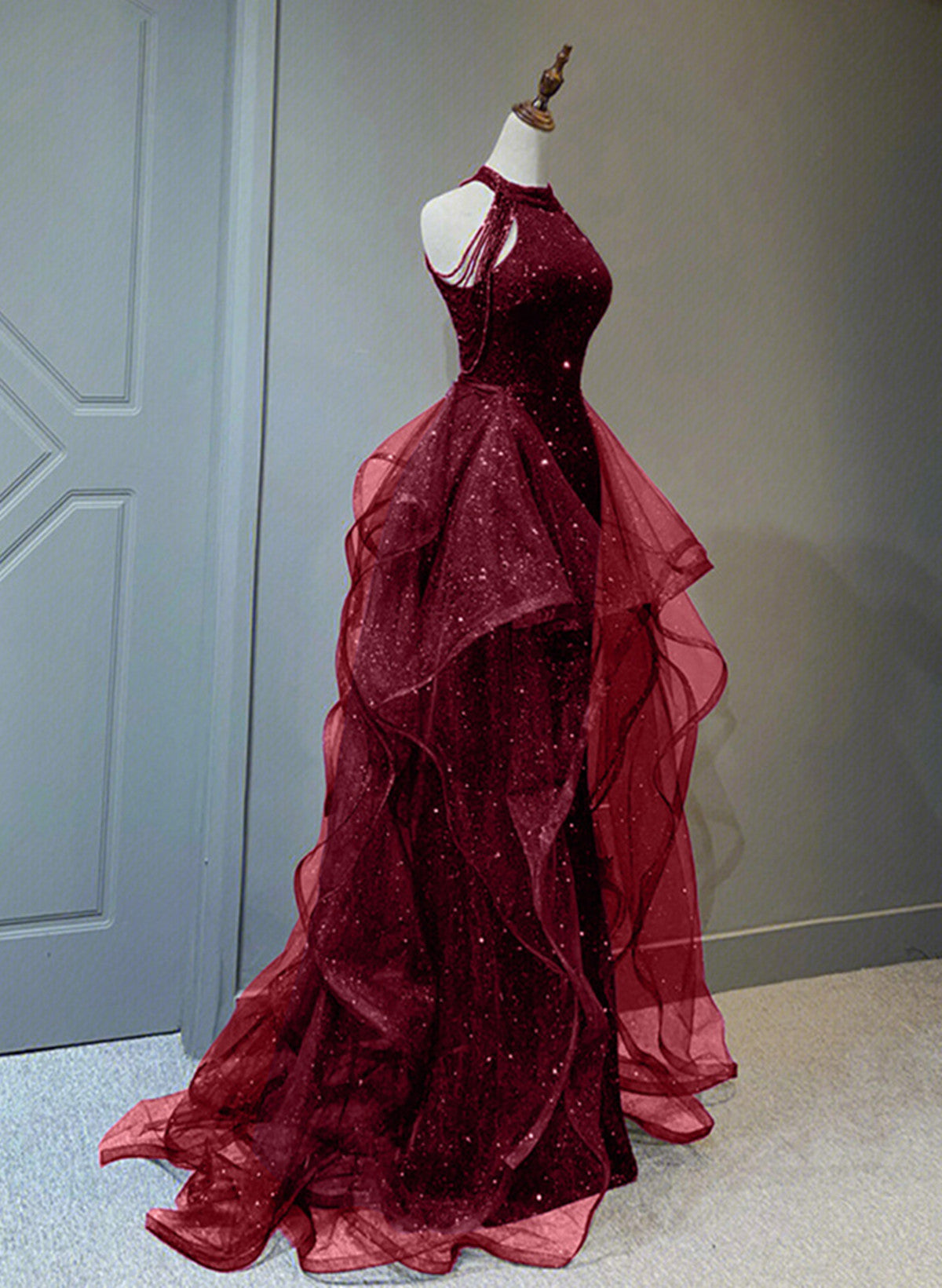A-Line Sequins With Tulle Wine Red Long Party Dresses, Wine Red Halter Formal Prom Dresses