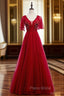 A-Line Sexy Burgundy Tulle V-neck Backless Beading Formal Prom Dresses
