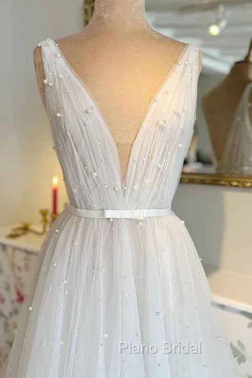 A Line Sexy V neck Pearls Elegant Wedding Dresses Secondary image