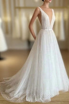 A Line Sexy V neck Pearls Elegant Wedding Dresses