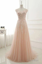 A Line Sheer Neck Cap Sleeves Tulle Prom Dresses With Appliques