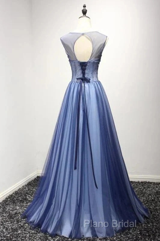 A Line Sheer Neck Rhinestones Long Tulle Formal Prom Dresses Floor Length Beautiful Secondary image
