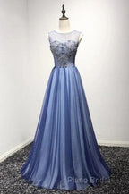 A Line Sheer Neck Rhinestones Long Tulle Formal Prom Dresses Floor Length Beautiful