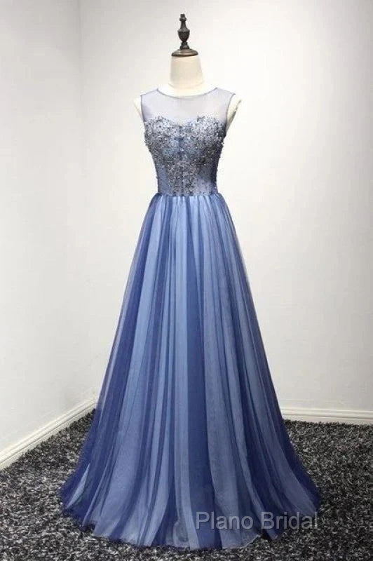 A Line Sheer Neck Rhinestones Long Tulle Formal Prom Dresses Floor Length Beautiful
