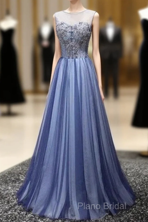 A Line Sheer Neck Rhinestones Long Tulle Formal Prom Dresses Floor Length Beautiful Main image