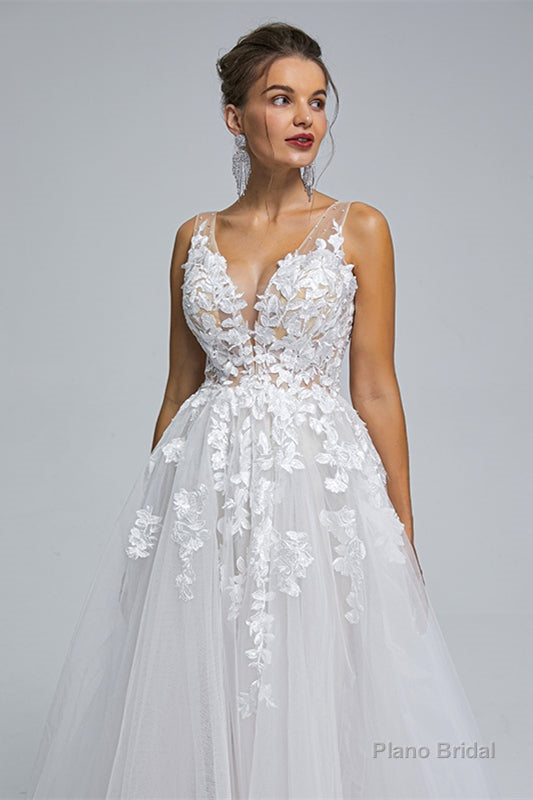 A-LINE SHEER STRAPS V-NECK TULLE APPLIQUE FLOOR-LENGTH SLEEVELESS WEDDING DRESSES Main image