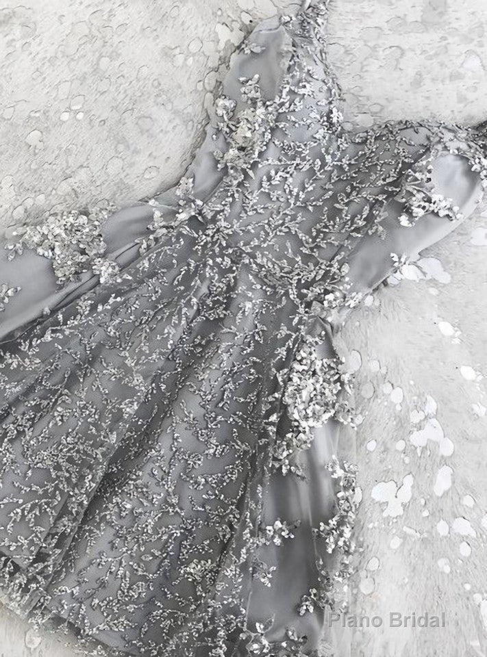 A-Line Short Silver Backless Appliques Cocktail Homecoming Dresses Main image