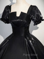 A-Line Short Sleeve Black Satin Long Formal Prom Dresses, Black Long Formal Dresses