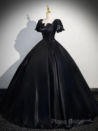 A-Line Short Sleeve Black Satin Long Formal Prom Dresses, Black Long Formal Dresses