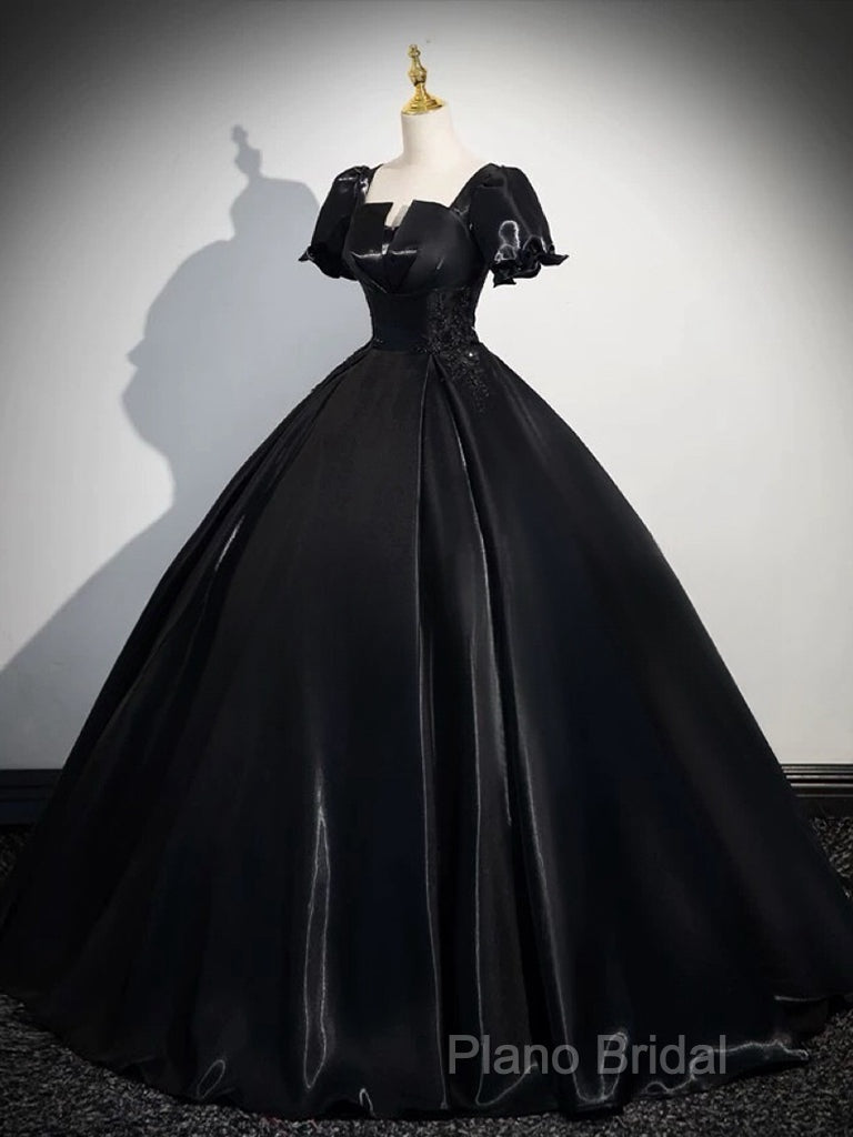 A-Line Short Sleeve Black Satin Long Formal Prom Dresses, Black Long Formal Dresses