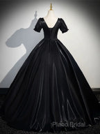 A-Line Short Sleeve Black Satin Long Formal Prom Dresses, Black Long Formal Dresses