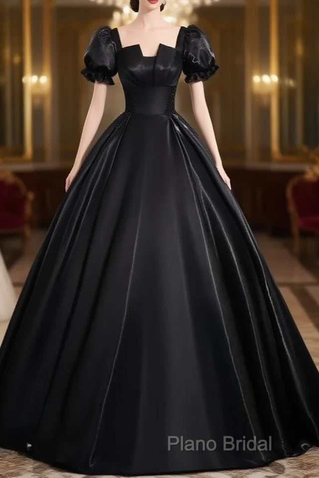 A-Line Short Sleeve Black Satin Long Formal Prom Dresses, Black Long Formal Dresses Main image