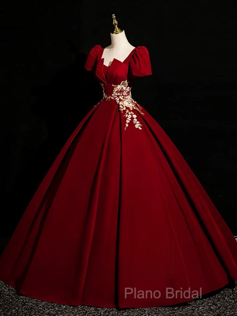 A-Line Short Sleeve Satin Lace Applique Burgundy Long Formal Prom Dresses Secondary image