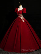 A-Line Short Sleeve Satin Lace Applique Burgundy Long Formal Prom Dresses