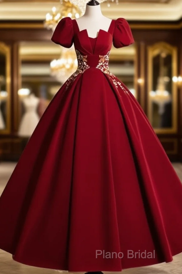 A-Line Short Sleeve Satin Lace Applique Burgundy Long Formal Prom Dresses Main image