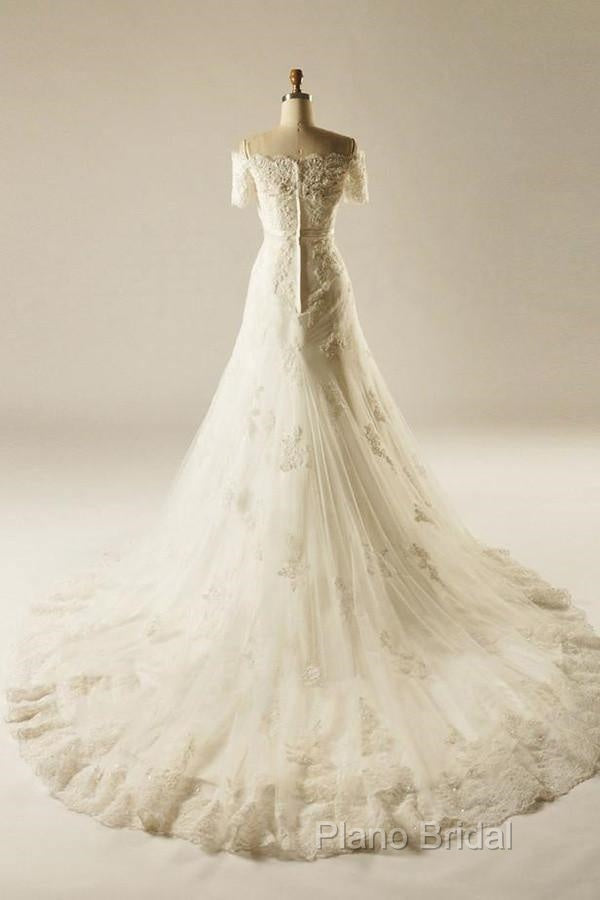 A-Line Short Sleeve Waist Lace Wedding Dresses With Appliques Beading