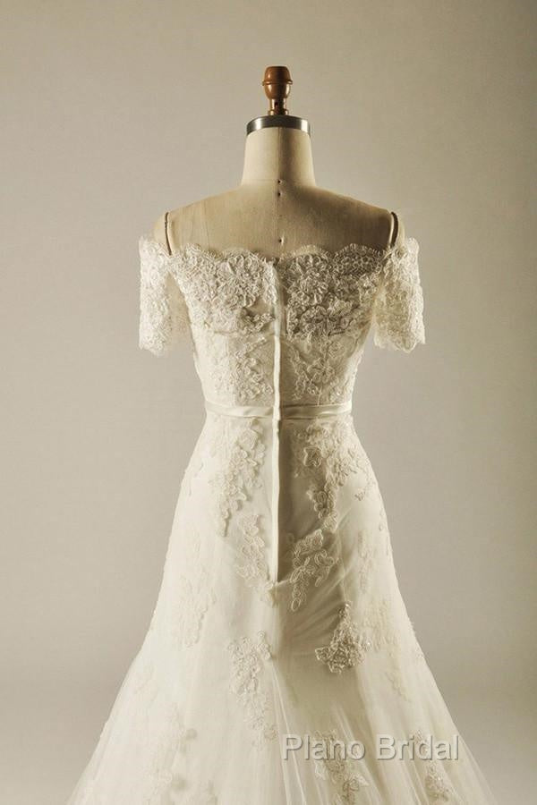 A-Line Short Sleeve Waist Lace Wedding Dresses With Appliques Beading