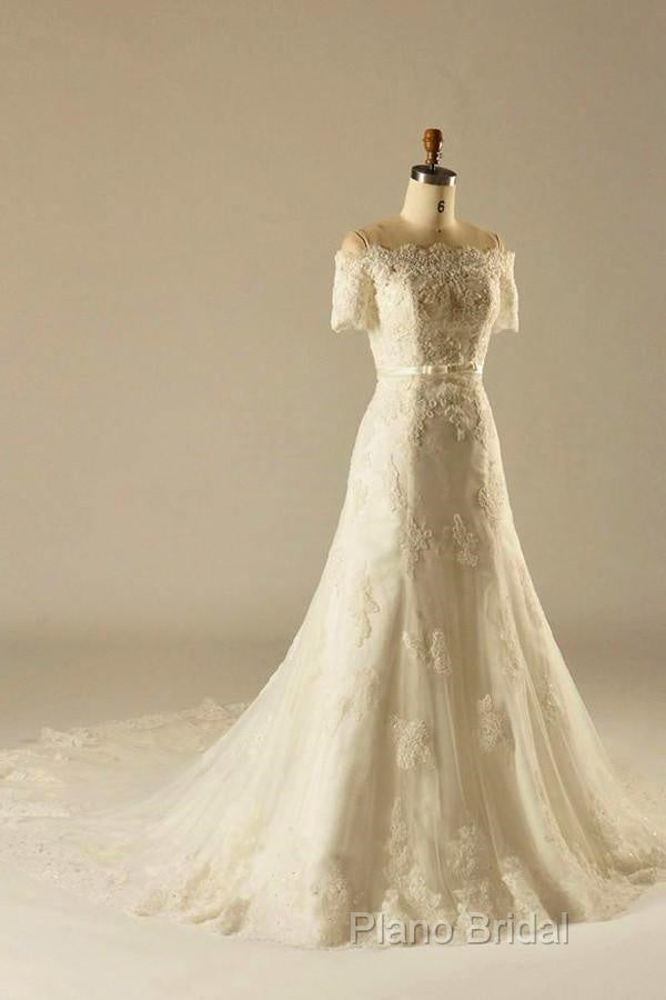 A-Line Short Sleeve Waist Lace Wedding Dresses With Appliques Beading