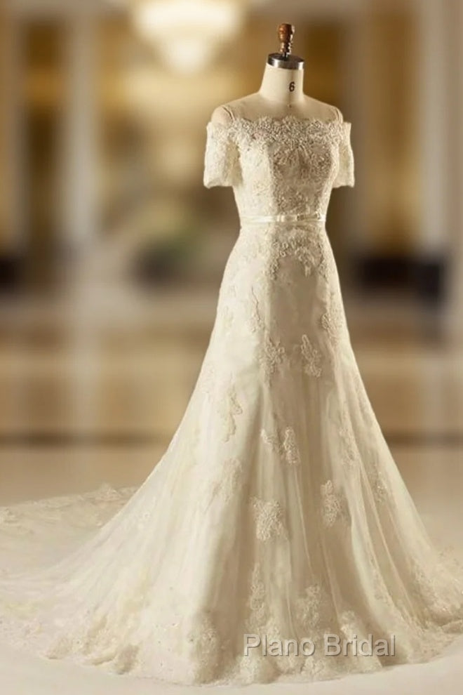 A-Line Short Sleeve Waist Lace Wedding Dresses With Appliques Beading Main image