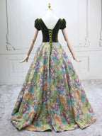 A-Line Short Sleeves Green Long Formal Prom Dresses, Printed Satin Green Long Prom Dresses