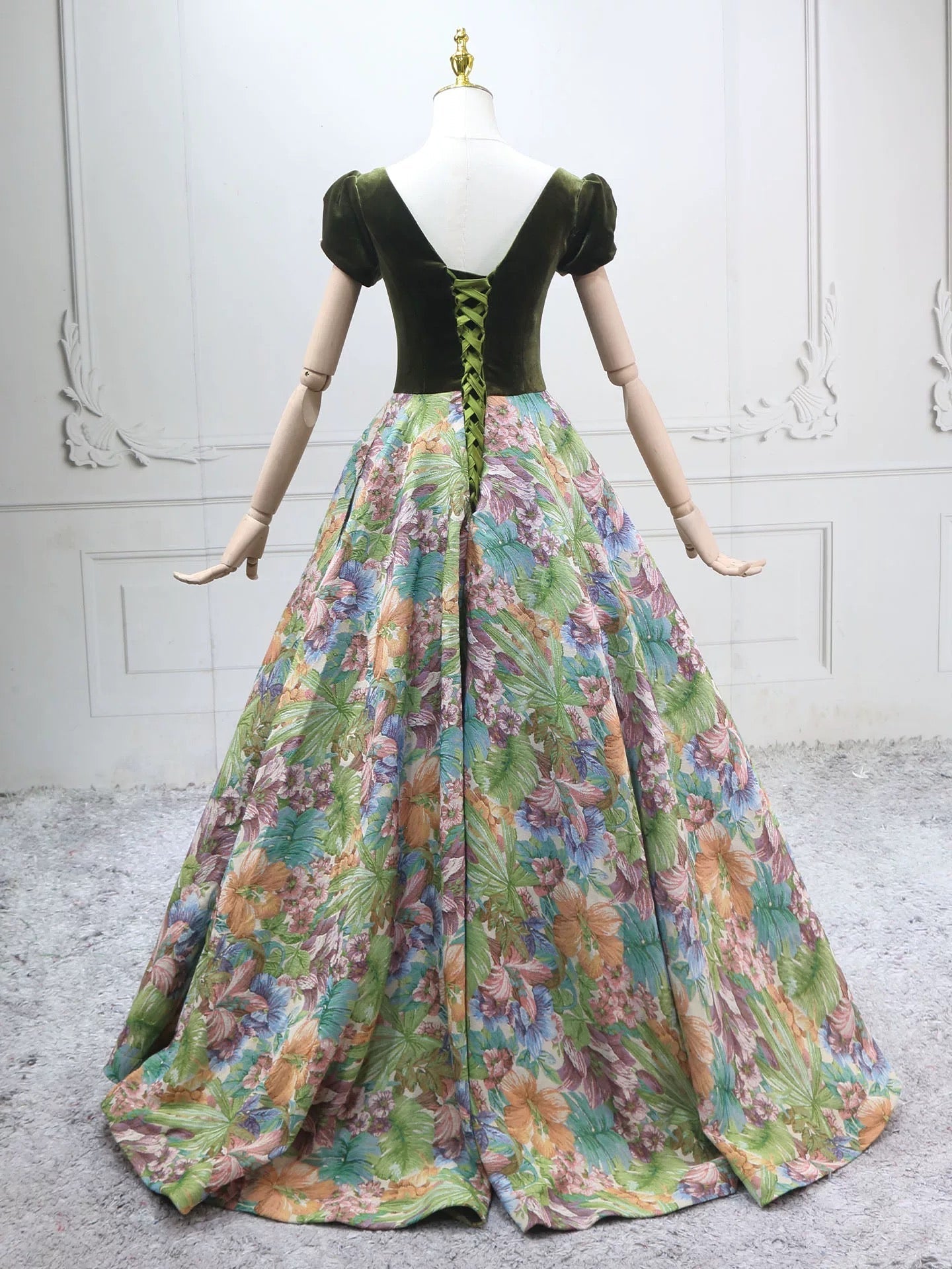 A-Line Short Sleeves Green Long Formal Prom Dresses, Printed Satin Green Long Prom Dresses