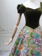 A-Line Short Sleeves Green Long Formal Prom Dresses, Printed Satin Green Long Prom Dresses