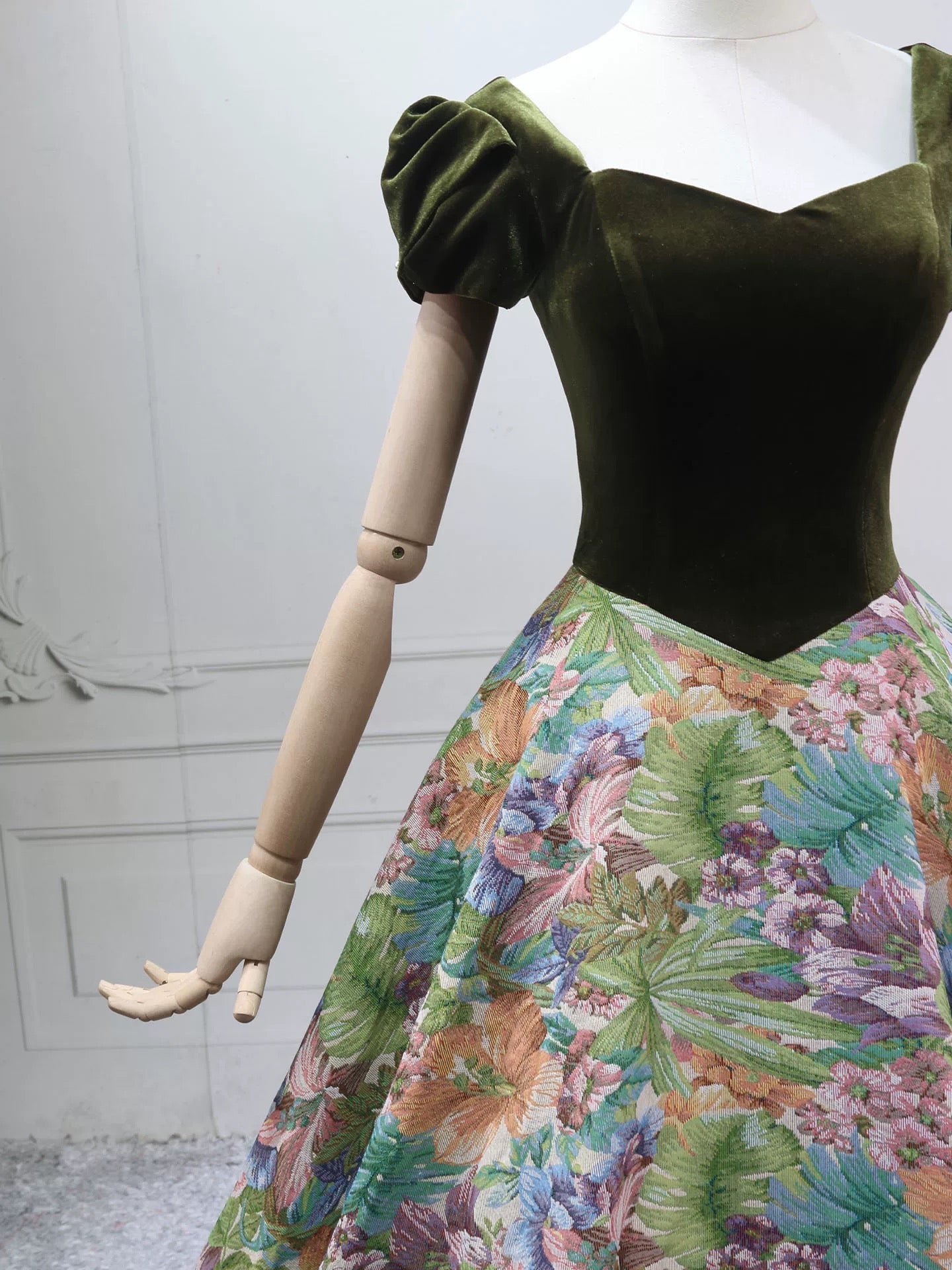 A-Line Short Sleeves Green Long Formal Prom Dresses, Printed Satin Green Long Prom Dresses
