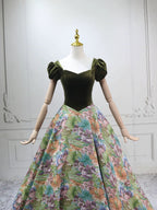 A-Line Short Sleeves Green Long Formal Prom Dresses, Printed Satin Green Long Prom Dresses