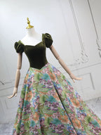 A-Line Short Sleeves Green Long Formal Prom Dresses, Printed Satin Green Long Prom Dresses