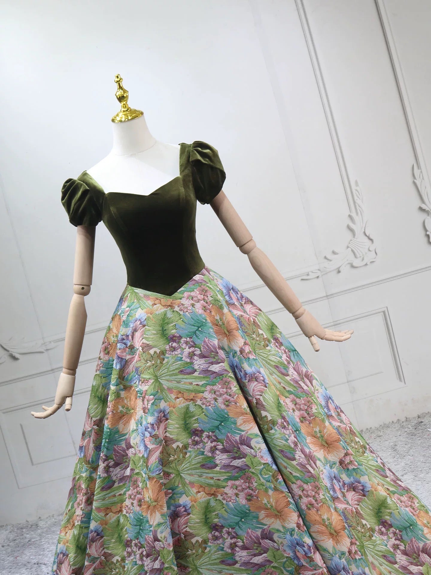 A-Line Short Sleeves Green Long Formal Prom Dresses, Printed Satin Green Long Prom Dresses