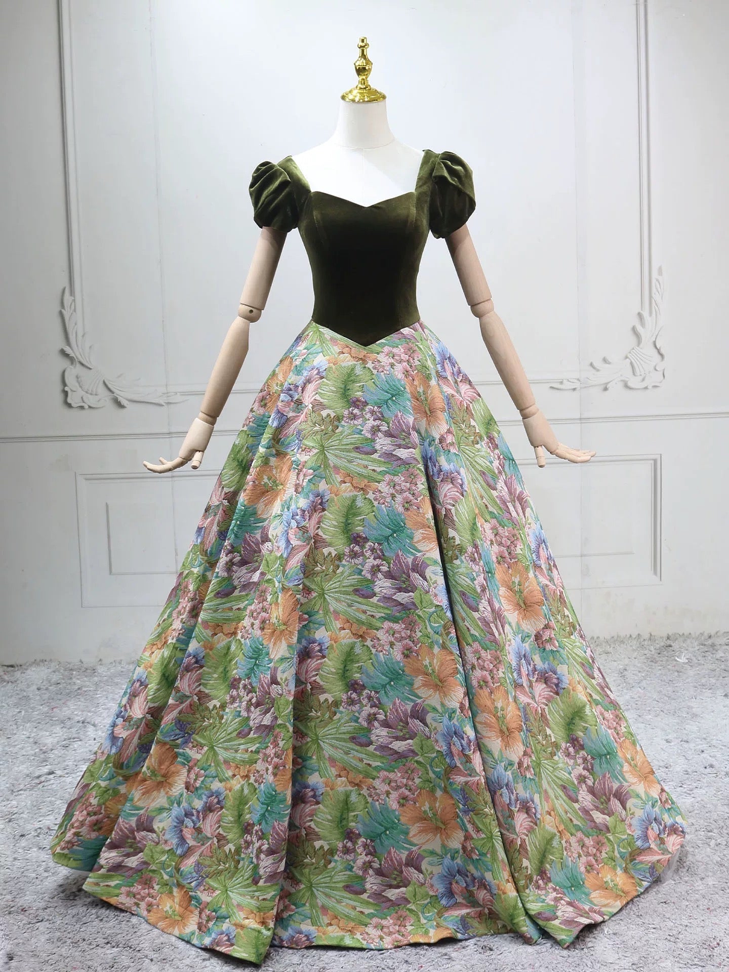 A-Line Short Sleeves Green Long Formal Prom Dresses, Printed Satin Green Long Prom Dresses Main image